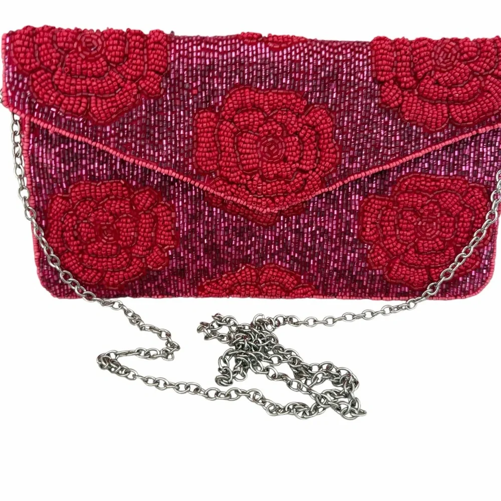 Sol and Mer Red Beaded Floral Envelope Clutch w/Crossbody chain strap - Picture 2 of 7